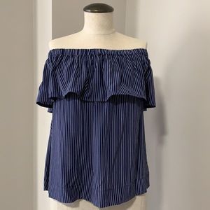 Silk balcony off the shoulder stripe top